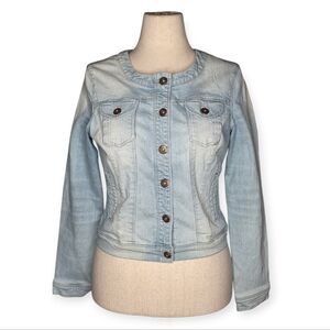 TRADITION Light Wash Distressed Denim Jacket Floral Lined Pockets Fitted Size M